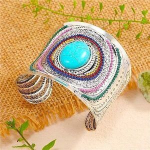 Bohemian Gypsy Hippie Statement Bracelet Colorful Beaded Artisan Open Cuff